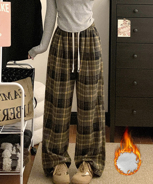 チェック柄パンツハイウエストワイドパンツ 裏起毛チェックパンツ イージーパンツ 暖かリラックスパンツ 体型カバー長ズボン ルーズシルエット カジュアルパンツ韓国風 21KUZI-024