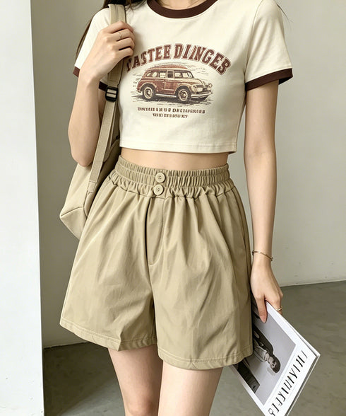 ハイウエストショートパンツ 美脚見え無地 レディースきれいめショートパンツ ウエストゴム 楽ちんパンツ 夏コーデ 大人カジュアル 韓国ファッショントレンドボトムス 21KUZI-025
