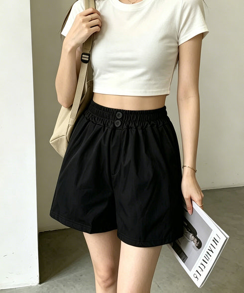 ハイウエストショートパンツ 美脚見え無地 レディースきれいめショートパンツ ウエストゴム 楽ちんパンツ 夏コーデ 大人カジュアル 韓国ファッショントレンドボトムス 21KUZI-025