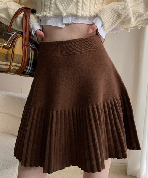 プリーツミニスカートニットスカート 秋冬 着回しAラインフレアスカート ハイウエストショート丈スカート お洒落ボトムス オルチャン きれいめスカート通学 脚長見え 21QUNZI-007