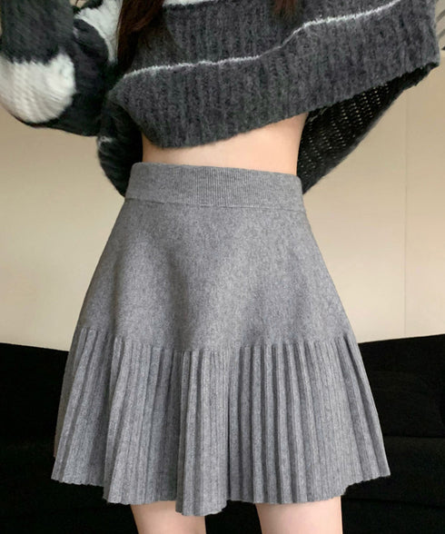 プリーツミニスカートニットスカート 秋冬 着回しAラインフレアスカート ハイウエストショート丈スカート お洒落ボトムス オルチャン きれいめスカート通学 脚長見え 21QUNZI-007