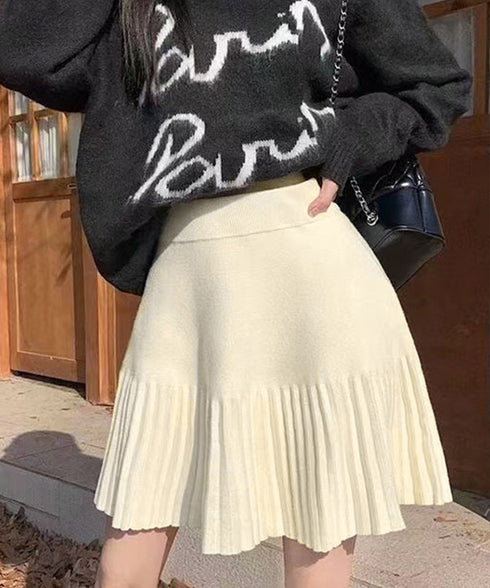 プリーツミニスカートニットスカート 秋冬 着回しAラインフレアスカート ハイウエストショート丈スカート お洒落ボトムス オルチャン きれいめスカート通学 脚長見え 21QUNZI-007