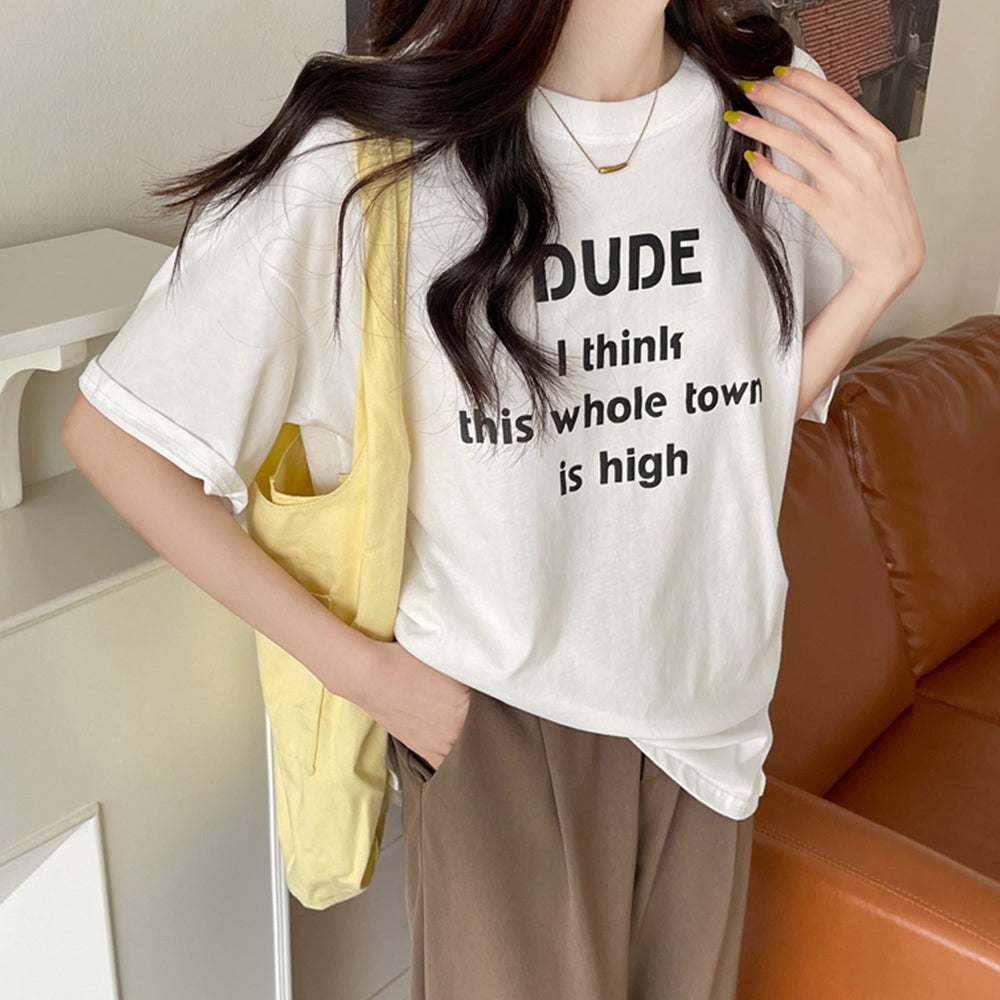 英字ロゴプリント半袖Tシャツスリット入り ホワイト