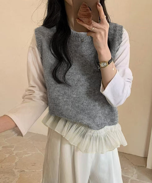 ニットベスト レディースチョッキ 重ね着 フリルベスト 韓国ファッション レイヤードコーデ ノースリーブニットトップス 着やせニットジレ 春秋冬 プルオーバー無地 21SHANGYI-094