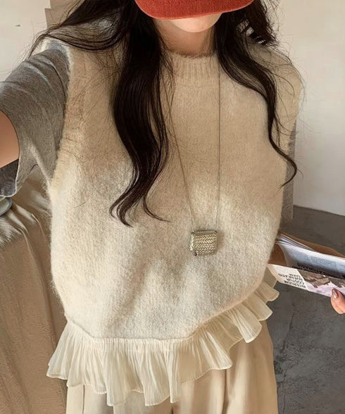 ニットベスト レディースチョッキ 重ね着 フリルベスト 韓国ファッション レイヤードコーデ ノースリーブニットトップス 着やせニットジレ 春秋冬 プルオーバー無地 21SHANGYI-094