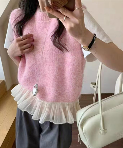 ニットベスト レディースチョッキ 重ね着 フリルベスト 韓国ファッション レイヤードコーデ ノースリーブニットトップス 着やせニットジレ 春秋冬 プルオーバー無地 21SHANGYI-094