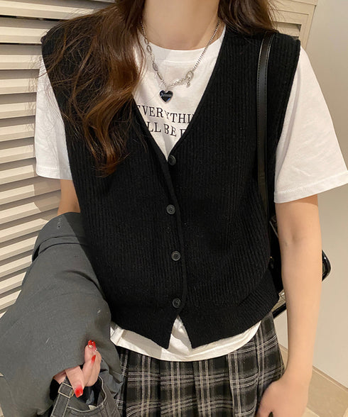 リブニットベスト前開きニットジレVネック ニットチョッキレディース こなれ感ノースリーブニットトップス 大人カジュアル おしゃれ ゆったり重ね着ニット 韓国風無地 21SHANGYI-095