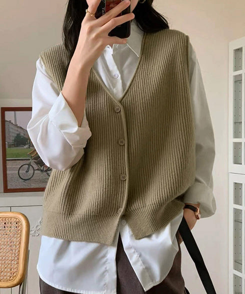 リブニットベスト前開きニットジレVネック ニットチョッキレディース こなれ感ノースリーブニットトップス 大人カジュアル おしゃれ ゆったり重ね着ニット 韓国風無地 21SHANGYI-095