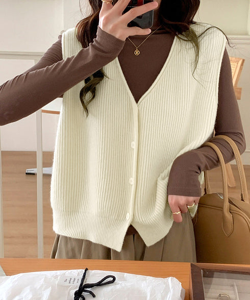 リブニットベスト前開きニットジレVネック ニットチョッキレディース こなれ感ノースリーブニットトップス 大人カジュアル おしゃれ ゆったり重ね着ニット 韓国風無地 21SHANGYI-095