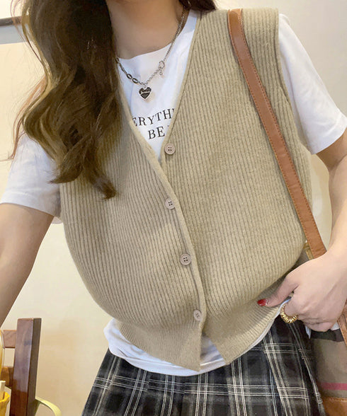 リブニットベスト前開きニットジレVネック ニットチョッキレディース こなれ感ノースリーブニットトップス 大人カジュアル おしゃれ ゆったり重ね着ニット 韓国風無地 21SHANGYI-095
