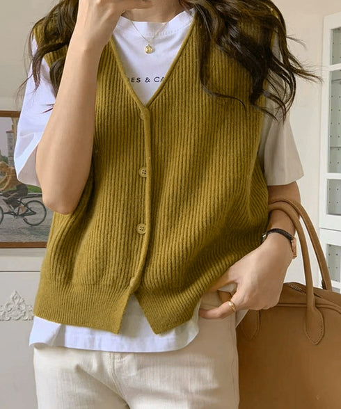 リブニットベスト前開きニットジレVネック ニットチョッキレディース こなれ感ノースリーブニットトップス 大人カジュアル おしゃれ ゆったり重ね着ニット 韓国風無地 21SHANGYI-095