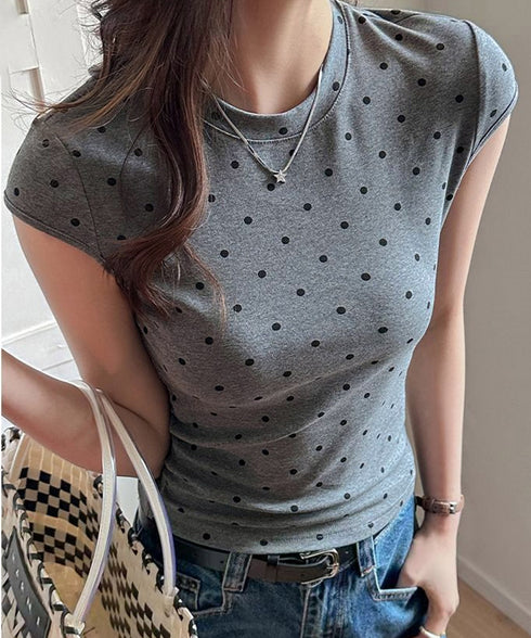 ドット柄tシャツレディース 半袖トップス tシャツ半袖コンパクトTシャツ カットソー半袖 韓国風 フィットトップス細見え フレンチスリーブTシャツ 大人可愛い夏服 21SHANGYI-102