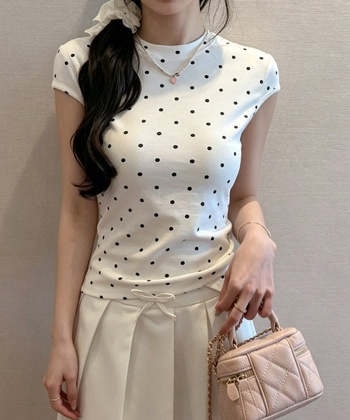 ドット柄tシャツレディース 半袖トップス tシャツ半袖コンパクトTシャツ カットソー半袖 韓国風 フィットトップス細見え フレンチスリーブTシャツ 大人可愛い夏服 21SHANGYI-102