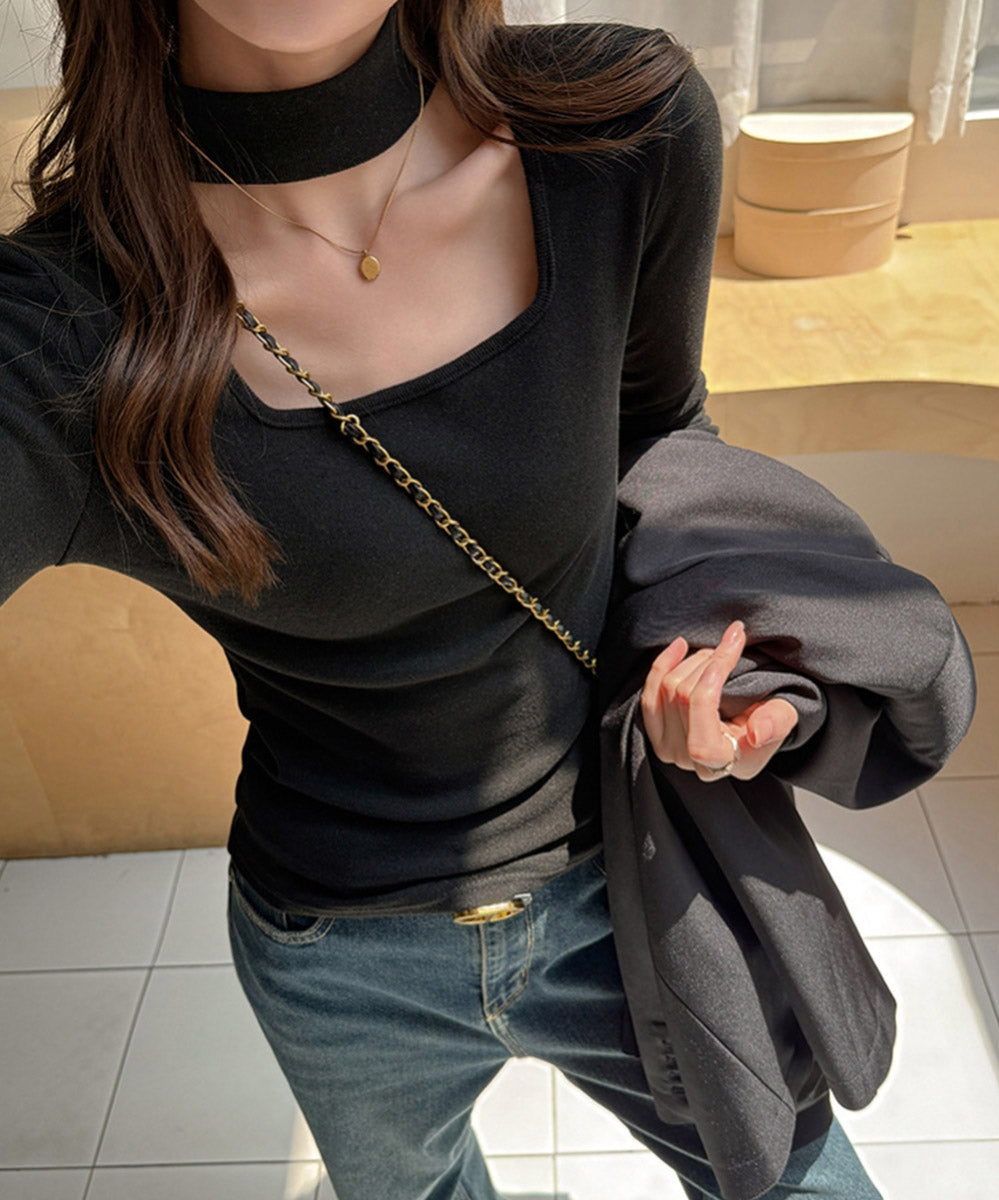 チョーカー風トップスレディースTシャツ黒 ブラック