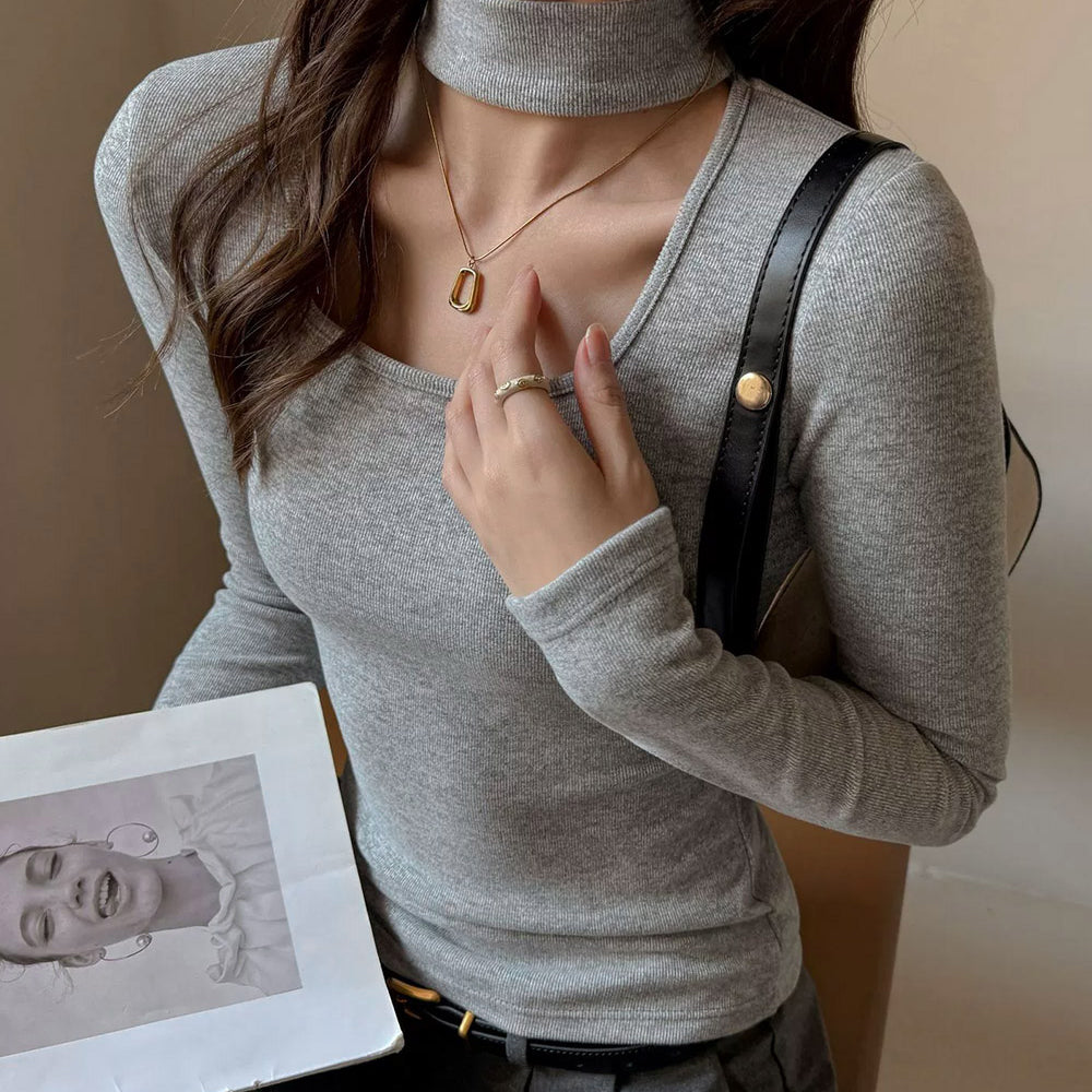 チョーカー風トップスレディースTシャツ黒 ライトグレー