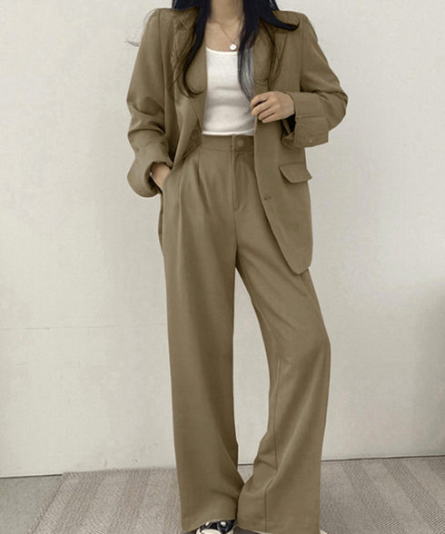 パンツスーツセット テーラードジャケット スーツワイドパンツ 上下セット セミワイドパンツ ゆったりシルエット 服 おしゃれボトムス オフィス 30代40代50代 21TZ-005