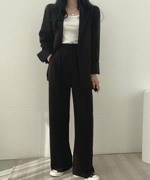 パンツスーツセット テーラードジャケット スーツワイドパンツ 上下セット セミワイドパンツ ゆったりシルエット 服 おしゃれボトムス オフィス 30代40代50代 21TZ-005