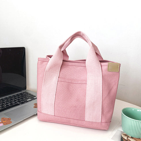 ミニ キャンバストートバッグ 帆布カバン キャンバスバッグレディース 通勤通学 仕切り 底板付きトート 学生ランチバッグ シンプル無地 男女兼用 韓国カジュアル 21BAOBAO-016