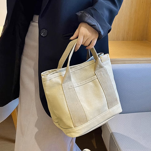ミニ キャンバストートバッグ 帆布カバン キャンバスバッグレディース 通勤通学 仕切り 底板付きトート 学生ランチバッグ シンプル無地 男女兼用 韓国カジュアル 21BAOBAO-016