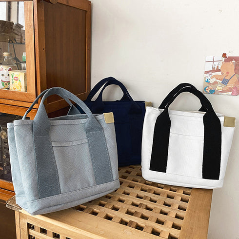 ミニ キャンバストートバッグ 帆布カバン キャンバスバッグレディース 通勤通学 仕切り 底板付きトート 学生ランチバッグ シンプル無地 男女兼用 韓国カジュアル 21BAOBAO-016