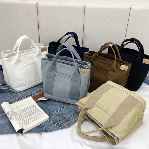 ミニ キャンバストートバッグ 帆布カバン キャンバスバッグレディース 通勤通学 仕切り 底板付きトート 学生ランチバッグ シンプル無地 男女兼用 韓国カジュアル 21BAOBAO-016