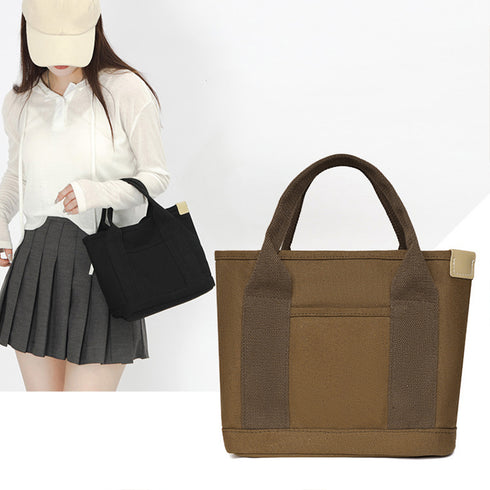 ミニ キャンバストートバッグ 帆布カバン キャンバスバッグレディース 通勤通学 仕切り 底板付きトート 学生ランチバッグ シンプル無地 男女兼用 韓国カジュアル 21BAOBAO-016