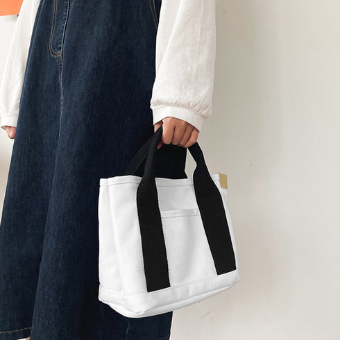 ミニ キャンバストートバッグ 帆布カバン キャンバスバッグレディース 通勤通学 仕切り 底板付きトート 学生ランチバッグ シンプル無地 男女兼用 韓国カジュアル 21BAOBAO-016