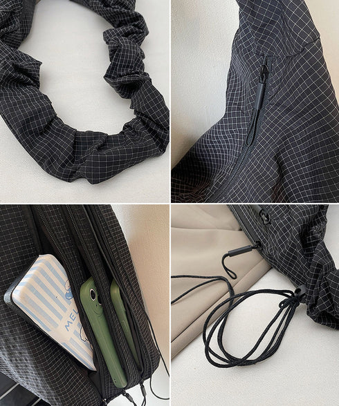 軽いチェック柄ショルダーバッグレディース ショルダーバッグa4 大きめ大容量バッグ 軽量ナイロンバッグ ワンショルダーバッグ ドローストリング肩掛けバッグ通勤通学 21BAOBAO-031