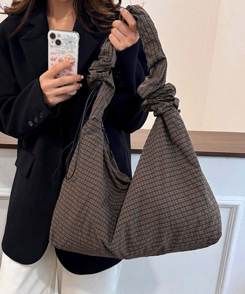 軽いチェック柄ショルダーバッグレディース ショルダーバッグa4 大きめ大容量バッグ 軽量ナイロンバッグ ワンショルダーバッグ ドローストリング肩掛けバッグ通勤通学 21BAOBAO-031