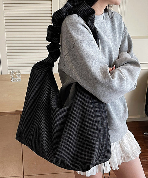 軽いチェック柄ショルダーバッグレディース ショルダーバッグa4 大きめ大容量バッグ 軽量ナイロンバッグ ワンショルダーバッグ ドローストリング肩掛けバッグ通勤通学 21BAOBAO-031