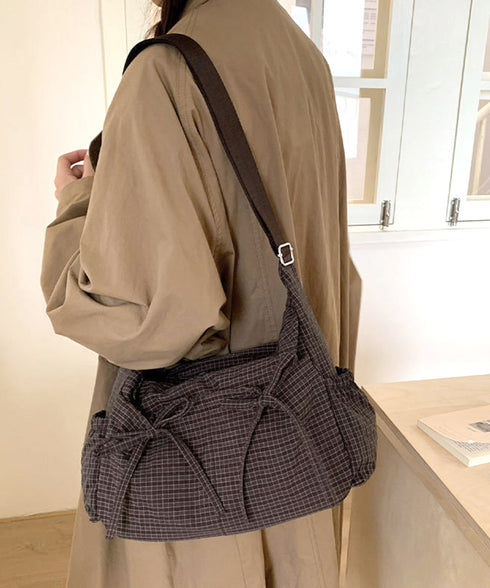 軽いチェック柄ショルダーバッグレディース リボンショルダーバッグ 軽量ナイロンバッグ ワンショルダーバッグ 肩掛けバッグ ヴィンテージ風バッグ おしゃれバッグ通勤 21BAOBAO-035