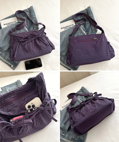 軽いチェック柄ショルダーバッグレディース リボンショルダーバッグ 軽量ナイロンバッグ ワンショルダーバッグ 肩掛けバッグ ヴィンテージ風バッグ おしゃれバッグ通勤 21BAOBAO-035