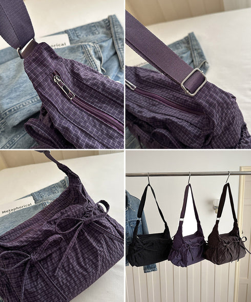 軽いチェック柄ショルダーバッグレディース リボンショルダーバッグ 軽量ナイロンバッグ ワンショルダーバッグ 肩掛けバッグ ヴィンテージ風バッグ おしゃれバッグ通勤 21BAOBAO-035