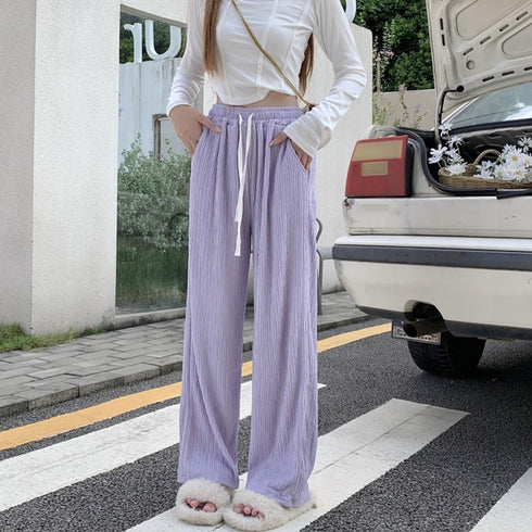 セミワイドパンツハイウエストロングパンツ レディース サマーパンツ カジュアル ワイドレッグズボン 通勤通学 低身長向けストレートパンツ ウエストゴムボトムス春夏 21KUZI-011