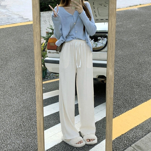 セミワイドパンツハイウエストロングパンツ レディース サマーパンツ カジュアル ワイドレッグズボン 通勤通学 低身長向けストレートパンツ ウエストゴムボトムス春夏 21KUZI-011