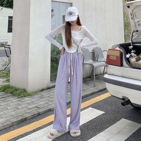 セミワイドパンツハイウエストロングパンツ レディース サマーパンツ カジュアル ワイドレッグズボン 通勤通学 低身長向けストレートパンツ ウエストゴムボトムス春夏 21KUZI-011
