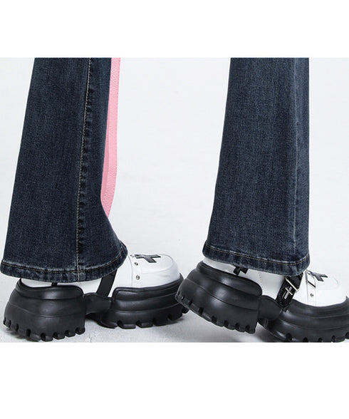 セミフレアデニムパンツ 美脚デニムパンツ ストレッチパンツ レディース ブーツカットデニム ハイウエスト 脚長ボトムス カジュアル シーズン 韓国風 着やせ 春夏 21KUZI-012