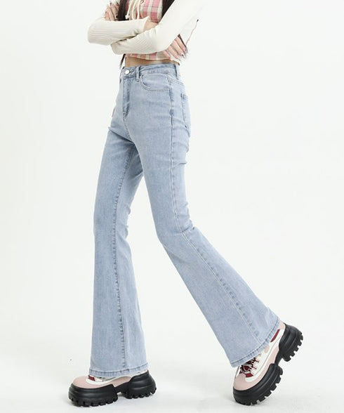 セミフレアデニムパンツ 美脚デニムパンツ ストレッチパンツ レディース ブーツカットデニム ハイウエスト 脚長ボトムス カジュアル シーズン 韓国風 着やせ 春夏 21KUZI-012