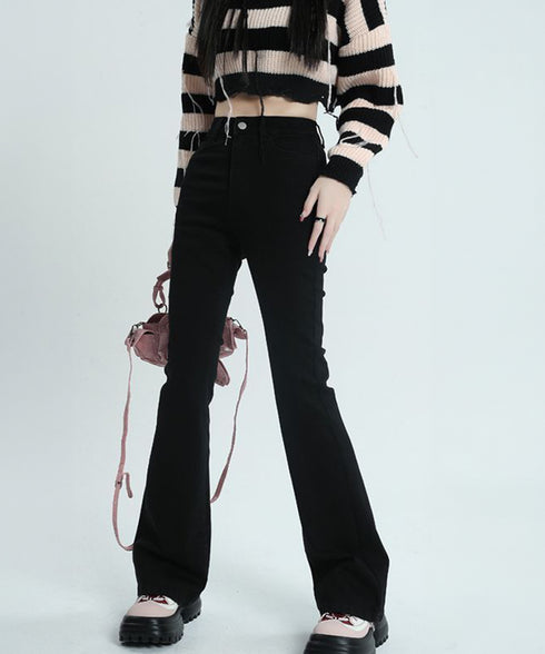 セミフレアデニムパンツ 美脚デニムパンツ ストレッチパンツ レディース ブーツカットデニム ハイウエスト 脚長ボトムス カジュアル シーズン 韓国風 着やせ 春夏 21KUZI-012