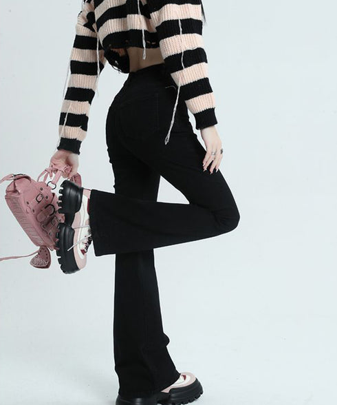 セミフレアデニムパンツ 美脚デニムパンツ ストレッチパンツ レディース ブーツカットデニム ハイウエスト 脚長ボトムス カジュアル シーズン 韓国風 着やせ 春夏 21KUZI-012