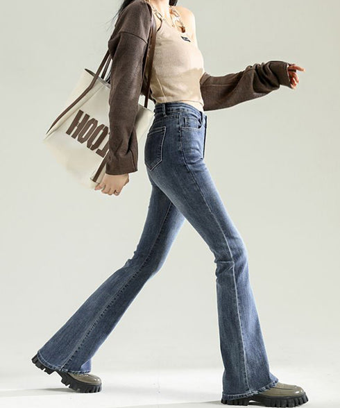 セミフレアデニムパンツ 美脚デニムパンツ ストレッチパンツ レディース ブーツカットデニム ハイウエスト 脚長ボトムス カジュアル シーズン 韓国風 着やせ 春夏 21KUZI-012