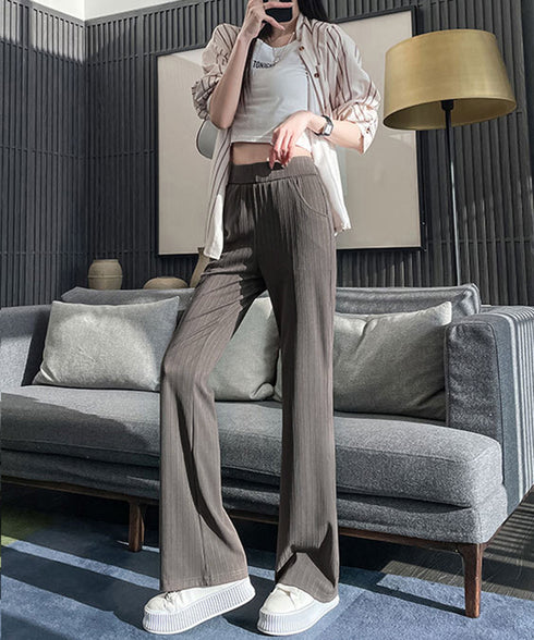 セミフレアパンツレディース ロングパンツ リブカットソーパンツ 韓国風 ゆったり 涼しげ サラリ美脚パンツ 着やせ 薄手パンツ 快適楽チン 長ズボン ウエストゴム 21KUZI-013