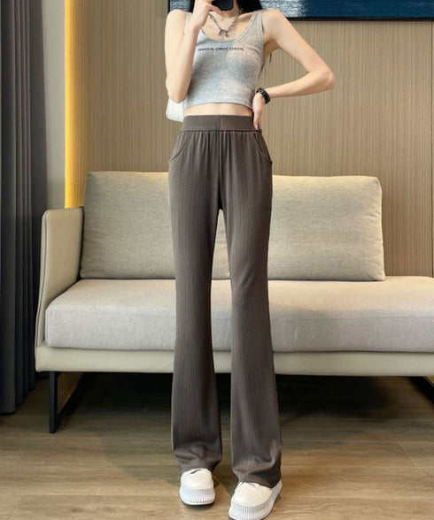セミフレアパンツレディース ロングパンツ リブカットソーパンツ 韓国風 ゆったり 涼しげ サラリ美脚パンツ 着やせ 薄手パンツ 快適楽チン 長ズボン ウエストゴム 21KUZI-013