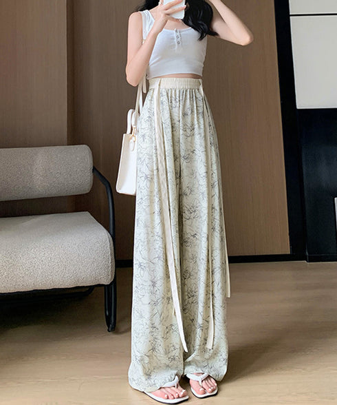 総柄ワイドパンツレディースウエストリボン ストレートパンツ ウエストゴム イージーパンツ 体型カバー 冷感タッチ ボトムス ハイウエスト 韓国風 美脚ロングパンツ 21KUZI-015
