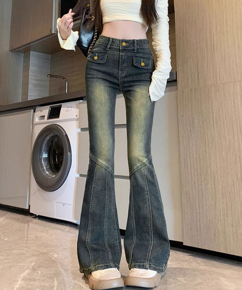 レトロ セミフレアデニムパンツレディース ジーパン ヴィンテージパンツ 美脚 脚長シーズン ブーツカットデニム カジュアル 着やせ ロングパンツ ストレッチパンツ 21KUZI-017