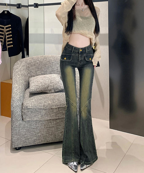 レトロ セミフレアデニムパンツレディース ジーパン ヴィンテージパンツ 美脚 脚長シーズン ブーツカットデニム カジュアル 着やせ ロングパンツ ストレッチパンツ 21KUZI-017