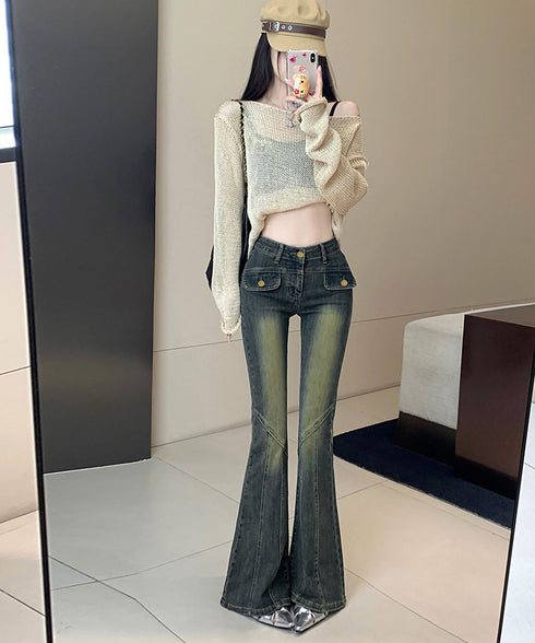 レトロ セミフレアデニムパンツレディース ジーパン ヴィンテージパンツ 美脚 脚長シーズン ブーツカットデニム カジュアル 着やせ ロングパンツ ストレッチパンツ 21KUZI-017