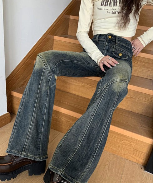 レトロ セミフレアデニムパンツレディース ジーパン ヴィンテージパンツ 美脚 脚長シーズン ブーツカットデニム カジュアル 着やせ ロングパンツ ストレッチパンツ 21KUZI-017