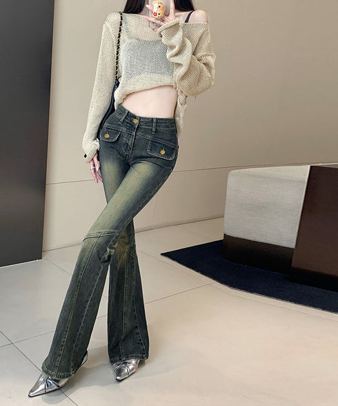 レトロ セミフレアデニムパンツレディース ジーパン ヴィンテージパンツ 美脚 脚長シーズン ブーツカットデニム カジュアル 着やせ ロングパンツ ストレッチパンツ 21KUZI-017