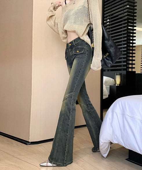 レトロ セミフレアデニムパンツレディース ジーパン ヴィンテージパンツ 美脚 脚長シーズン ブーツカットデニム カジュアル 着やせ ロングパンツ ストレッチパンツ 21KUZI-017